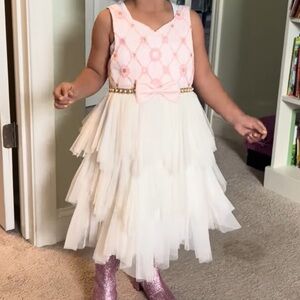 Fringey thule dress with gold and pearl accents